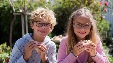 Two children enjoying lunch outdoors in a sunny garden surrounded by flowers and greeneryの素材