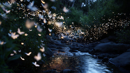 Magical evening with fireflies illuminating a serene stream in a lush forest settingの素材