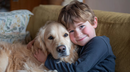 Boy and golden retriever enjoying cuddle time on a cozy couch during a relaxed afternoon at homeの素材
