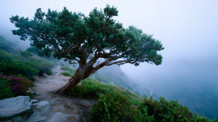 Misty coastal landscape features a gnarled tree overlooking the ocean at dawn in a serene natural settingの素材