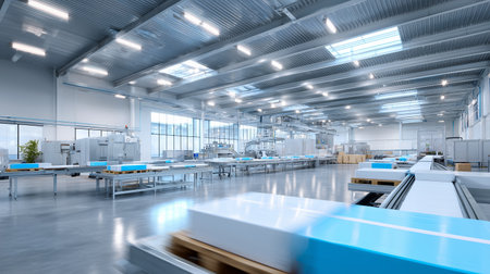 Modern manufacturing facility showcasing advanced production equipment and spacious layout during daytime operationsの素材