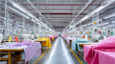 Brightly colored fabric rolls and sewing machines in a spacious textile factory during daylight hoursの素材