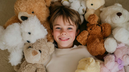 Smiling child surrounded by plush toys in a cozy indoor setting during daylight hoursの素材