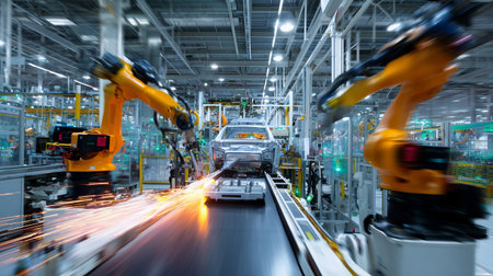 Advanced robotic arms automate vehicle assembly in a bustling factory environmentの素材