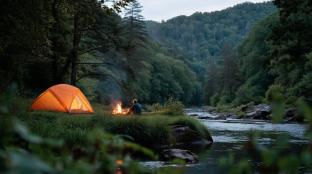 Campfire at dusk beside a serene river in lush forest with a glowing orange tent and a person enjoying the peaceful atmosphereの素材