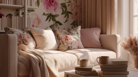 Cozy living room corner with floral decor and warm sunlight streaming through the windowsの素材