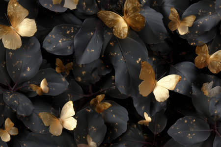 Beautiful gold butterflies resting on dark leaves in a serene natural settingの素材