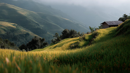 Rice terraces in a tranquil valley with a wooden hut during early morning light in a mountainous regionの素材