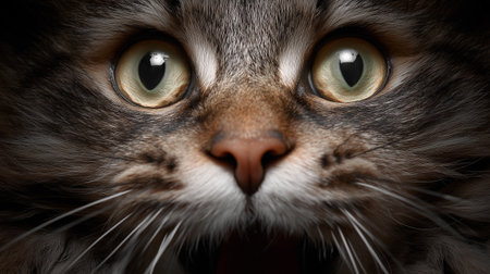 Close-up view of a catâs face showing expressive eyes and whiskers in a soft, shadowy settingの素材