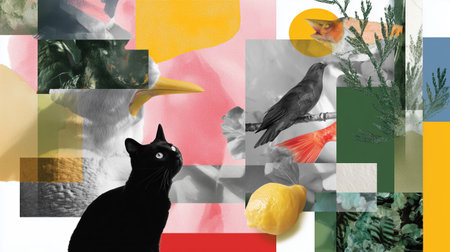 Black cat observes colorful collage of birds, plants, and lemons in creative art displayの素材