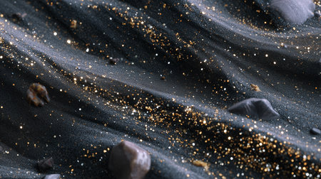 Detailed view of sparkling black sand with pebbles and shimmering particles at a beach under bright sunlightの素材