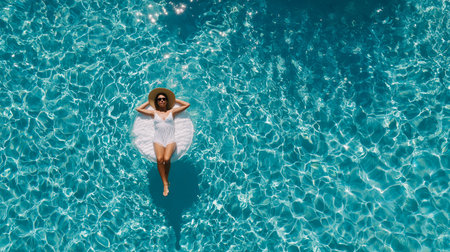 Woman relaxing on a floating device in a crystal clear swimming pool during a sunny day in summerの素材