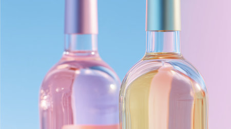 Elegant glass bottles of rose and white wine showcased against a gradient blue background highlighting their colors and designの素材