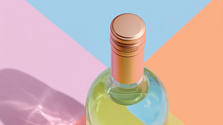 Captivating bottle of white wine against a colorful geometric background showcasing modern design aestheticsの素材