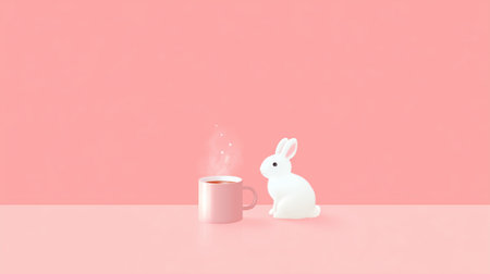 Cute white rabbit next to steaming cup on pink background during a cozy morning settingの素材