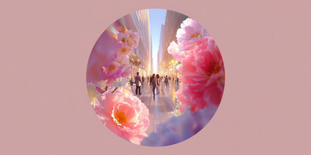 Urban garden enhances city street life amid spring blooms and evening lights in vibrant atmosphereの素材