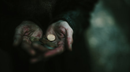Hands holding a collection of various coins in a dimly lit environment during an evening gatheringの素材