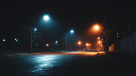 Quiet night street illuminated by streetlights in a small town after a rain showerの素材