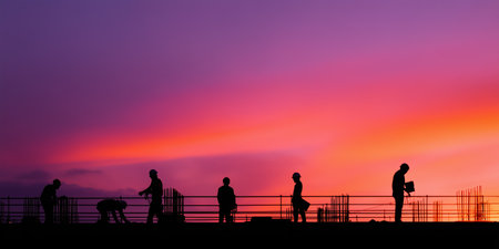 Construction workers silhouetted against a colorful sunset sky on a building site during evening hoursの素材