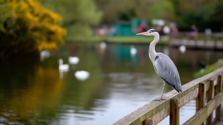 Gray heron stands gracefully by the waters edge in a serene park setting with swans in the backgroundの素材