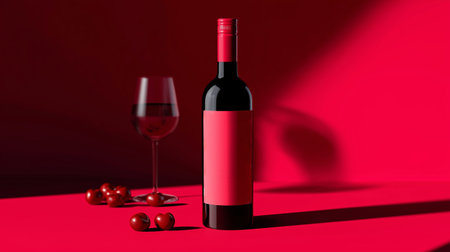 Elegant red wine bottle with glass and cherries on vibrant red background during evening settingの素材