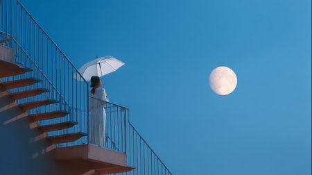 Woman standing on stairs holding an umbrella under a full moon at dusk in a clear skyの素材