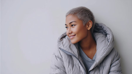 Young woman with short hair in a cozy gray jacket smiles while leaning against a wall indoors during daylightの素材