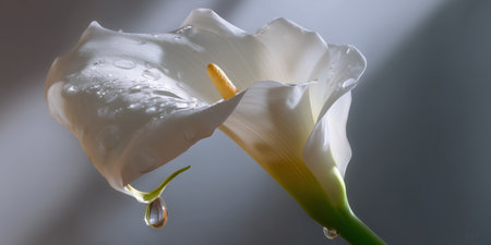 Delicate white flower with raindrops illuminated by soft light in serene settingの素材