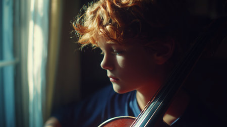 Young musician playing violin with soft light in a cozy room during afternoonの素材