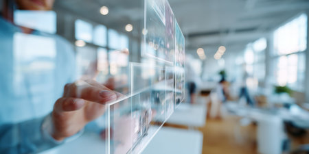 Innovative technology in a modern workspace showcasing digital interaction and multitaskingの素材