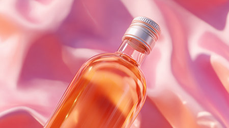 Glass bottle filled with rose-colored liquid against a pastel backgroundの素材