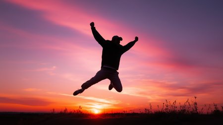 Joyful person leaps against a stunning sunset sky filled with vibrant colors and clouds, capturing a moment of happinessの素材