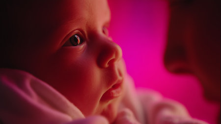 Close encounter between a parent and their curious baby in a softly lit room during serene moments of bondingの素材
