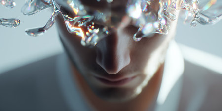 Abstract concept of human thought represented by water droplets around a mans head, exploring creativity and inspiration in an artistic settingの素材
