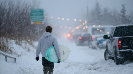 Surfer walking through winter snow with surfboard in hand during a snowstorm in a coastal areaの素材