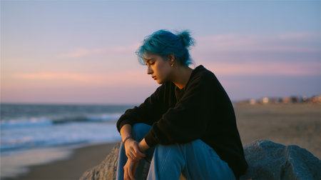Young woman with blue hair sits on rock by the beach during sunset, reflecting on the peaceful eveningの素材