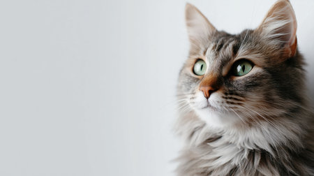 Fluffy gray cat gazing thoughtfully out of a window in a bright and minimalistic indoor settingの素材