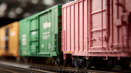 Colorful freight train cars lined on tracks in a model railway setting during a well-lit exhibitionの素材