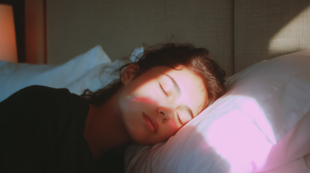 Sleepy young woman rests peacefully in a sunlit room with soft shadows in the morning hoursの素材