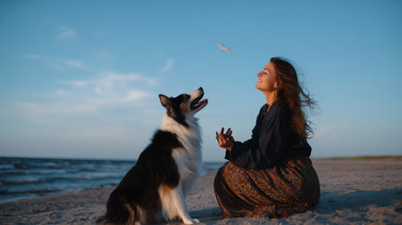 Woman and dog enjoying a peaceful moment on the beach at sunset with a bird flying overheadの素材