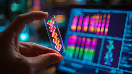 Colorful DNA model held by a researcher with advanced analytics displayed on a computer screen in a modern laboratory settingの素材
