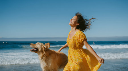 Woman in yellow dress joyfully runs with golden retriever along a sunny beachの素材