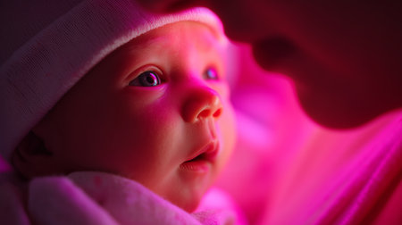 Tender moment between parent and baby illuminated by soft pink light in cozy setting during evening hoursの素材