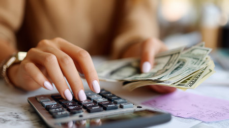 Counting cash and calculating expenses at a work desk during the afternoonの素材