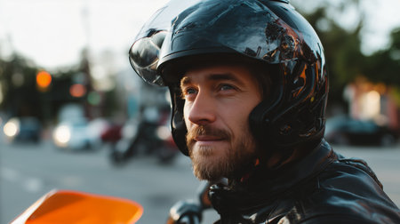 Rider in a helmet enjoying a moment of focus at a bustling city intersection during sunsetの素材