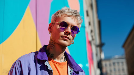 Young man poses with confidence in front of colorful mural in urban setting on a sunny dayの素材