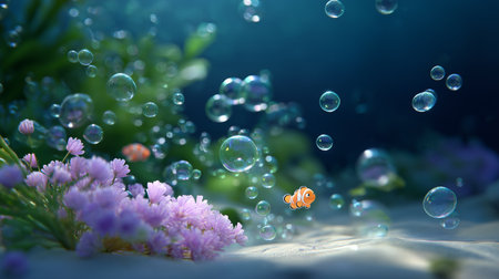 Colorful clownfish swims through bubbles near vibrant coral in a serene underwater garden settingの素材