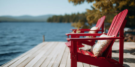 Relaxing on a lakeside dock with red chairs and calm waters during a sunny day in natureの素材