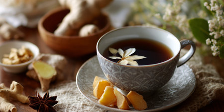 Herbal tea with ginger and lemon slices on a textured surface in a cozy kitchen settingの素材