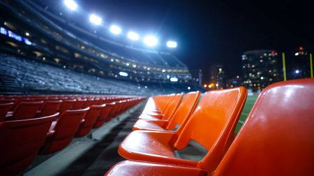 Stadium seating illuminated at night with a city skyline in the background and bright stadium lights overheadの素材